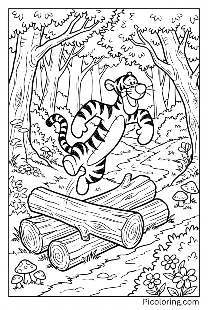 Tigger jumping over logs in the forest