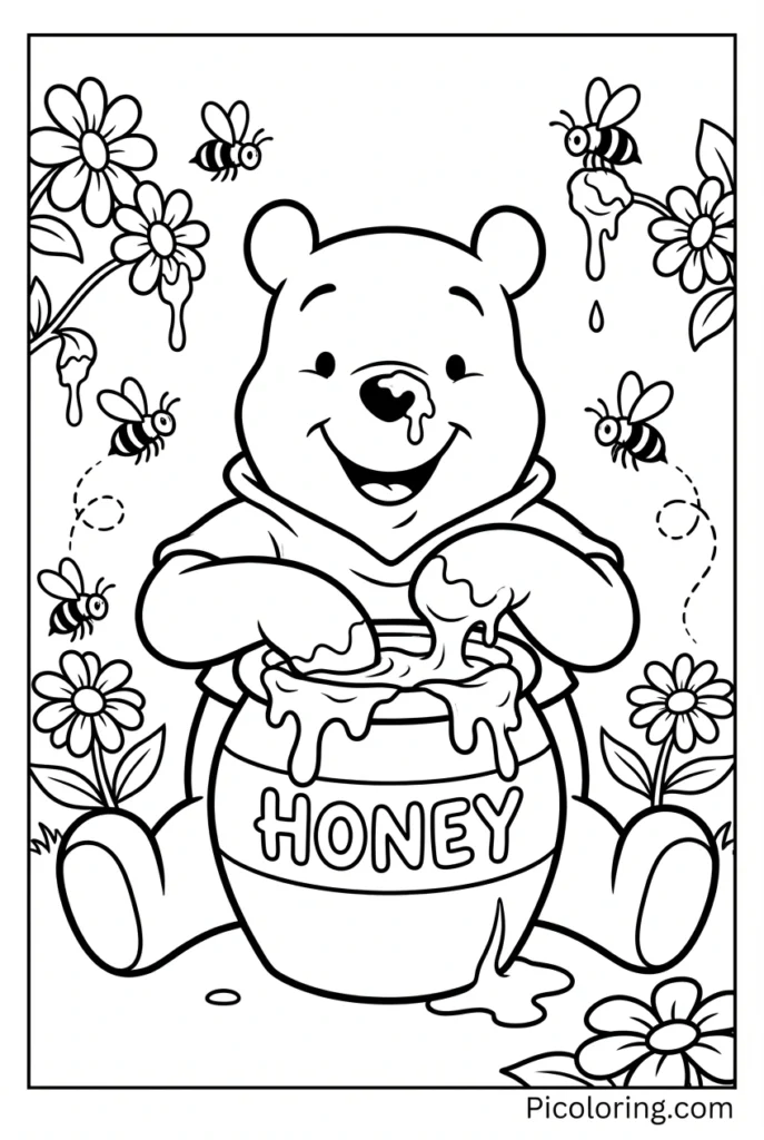 Winnie the Pooh sitting happily with his paws in a big honey pot