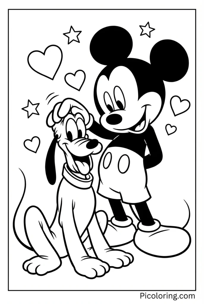 Mickey Mouse lovingly petting Pluto on the head
