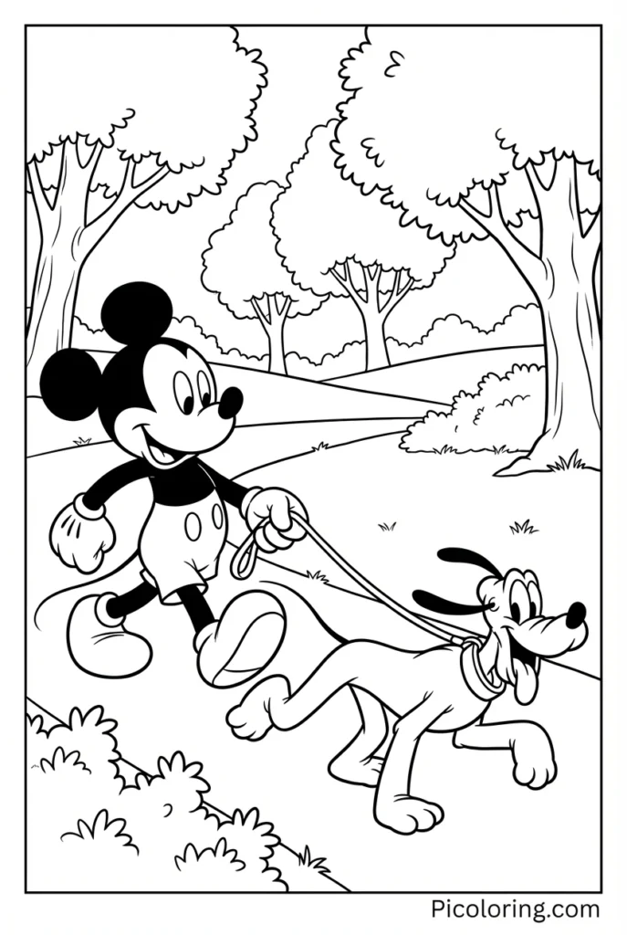 Mickey taking Pluto for a walk with a leash