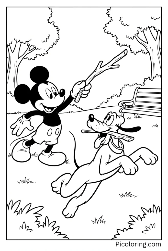 Mickey throwing a stick for Pluto to catch