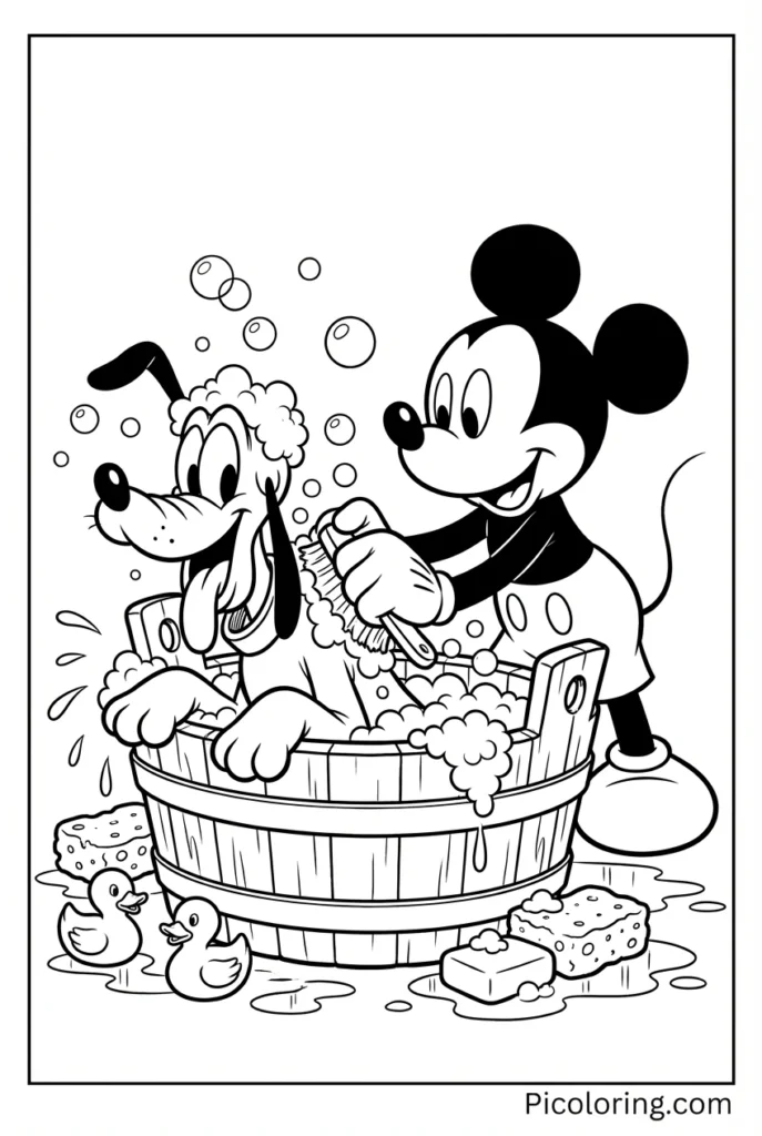 Mickey washing Pluto in a big tub with bubbles