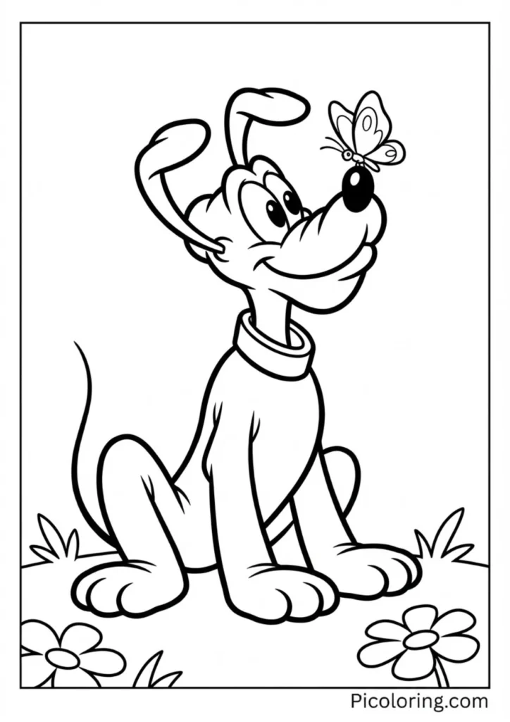 Pluto curiously watching a butterfly on his nose