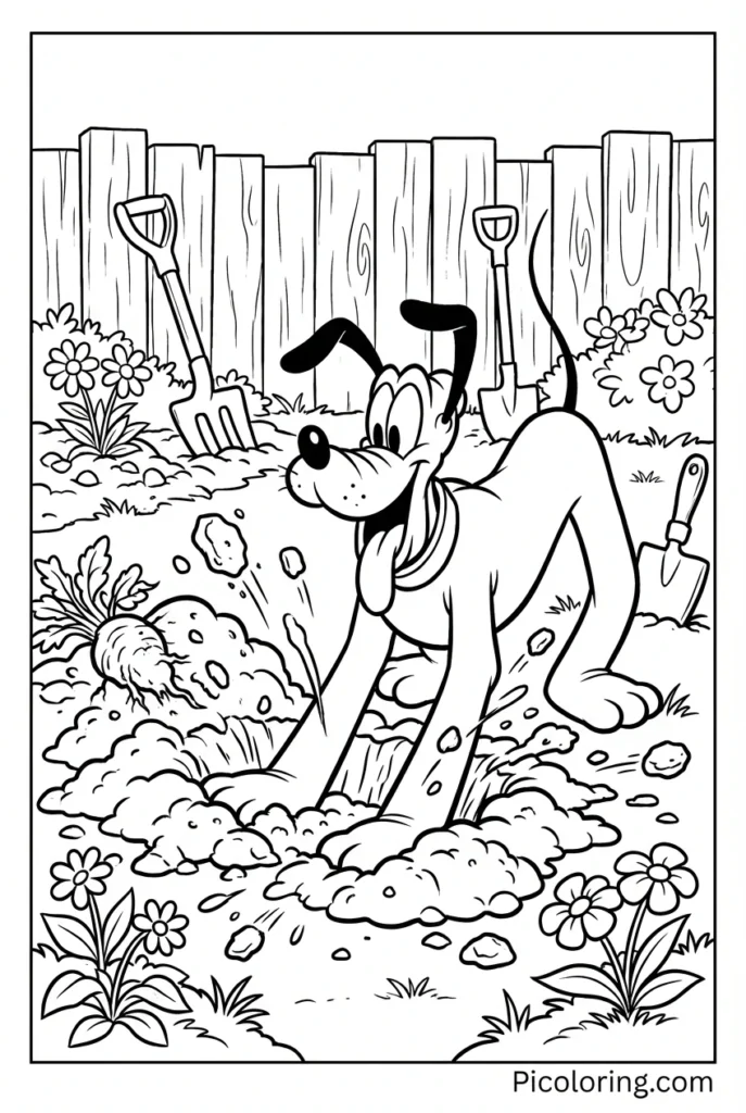 Pluto digging in the garden with dirt flying everywhere