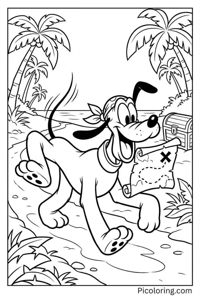 Pluto following a treasure map with an excited expression