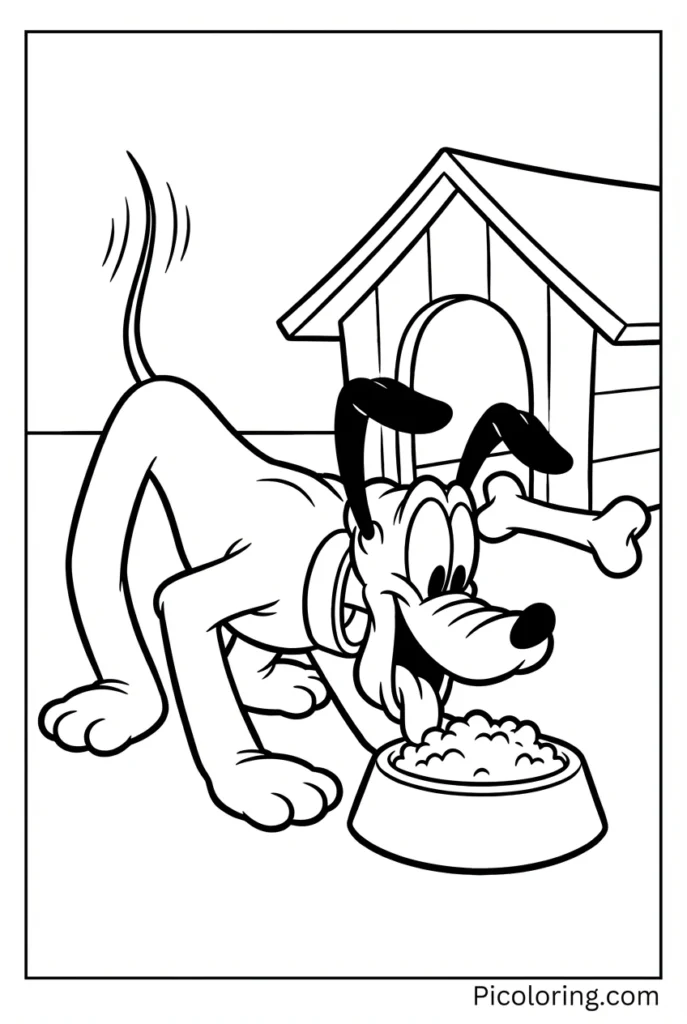 Pluto happily eating from his dog bowl