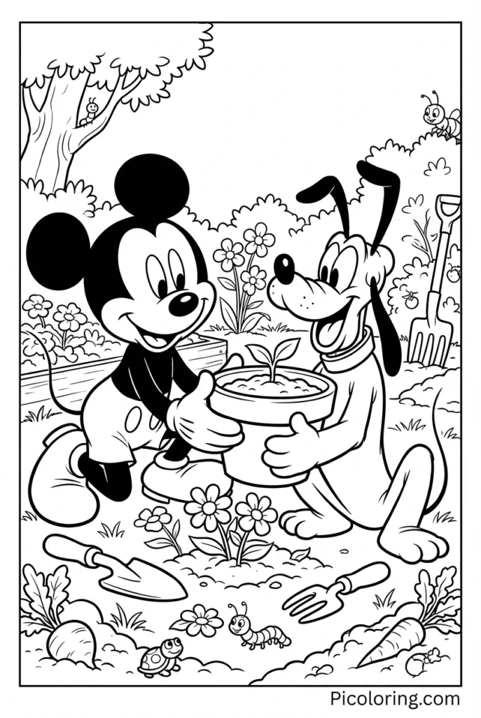 Pluto helping in the garden with a flower pot