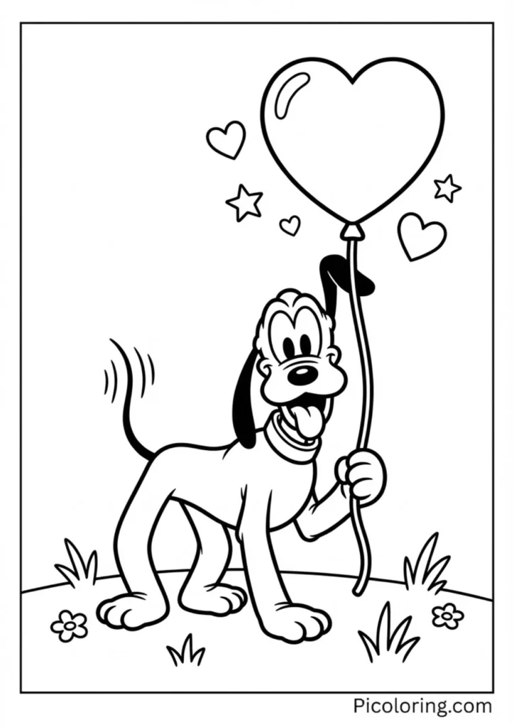 Pluto holding a heart-shaped balloon