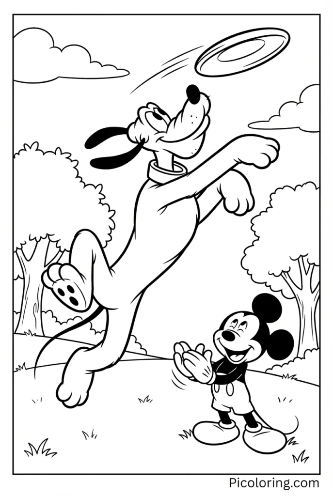Pluto jumping high to catch a frisbee in mid-air