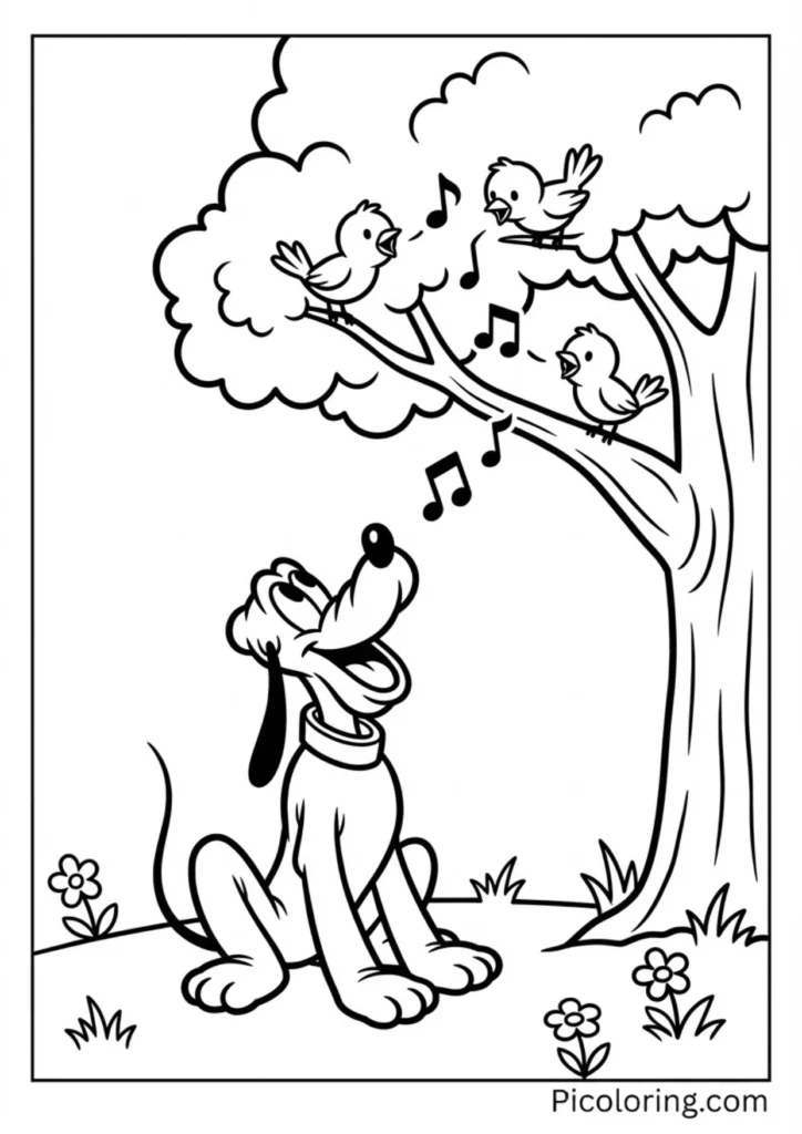 Pluto looking up at singing birds in a tree