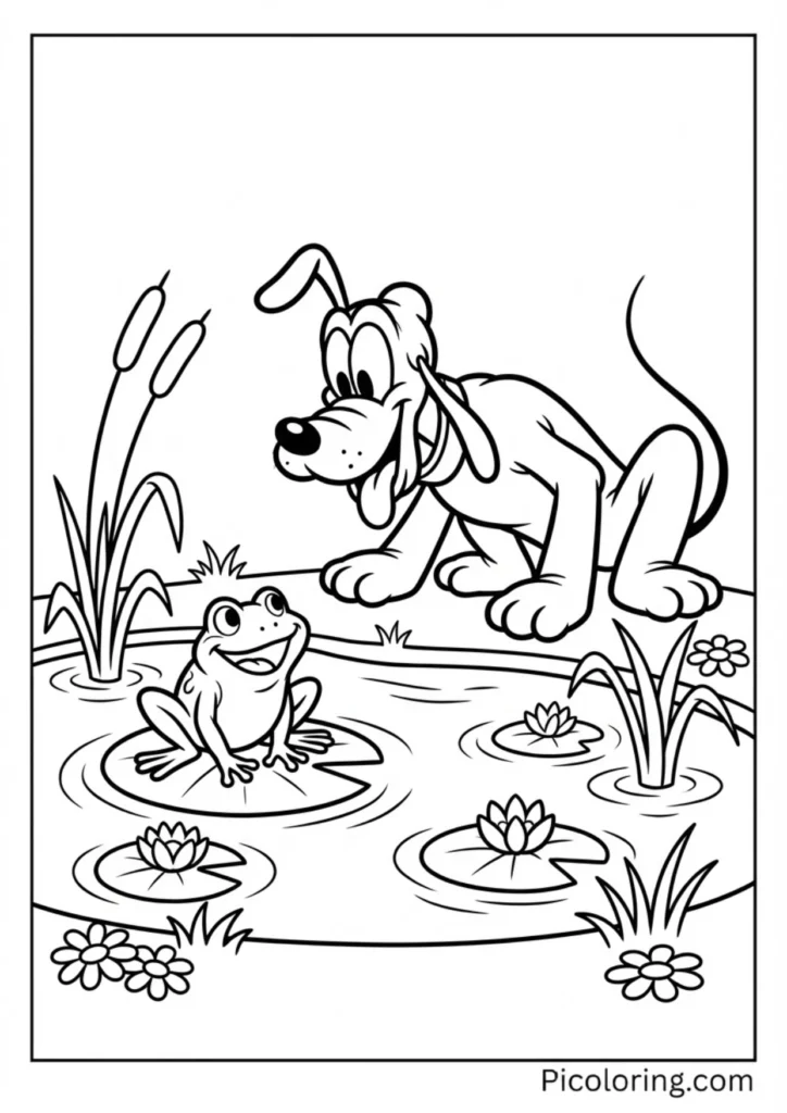 Pluto meeting a frog by a pond