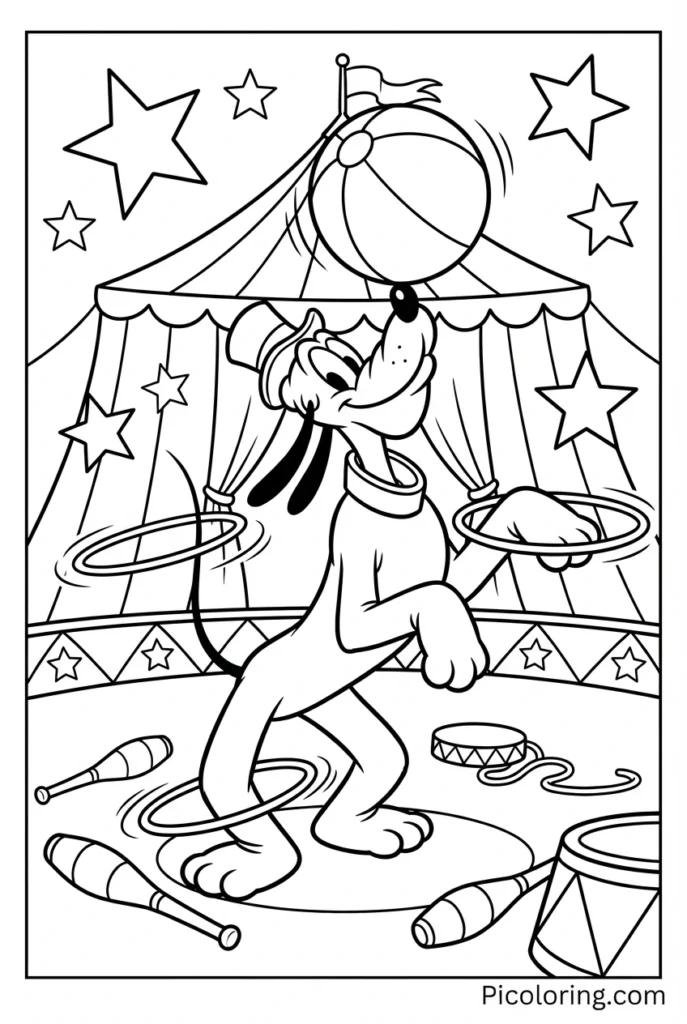 Pluto performing tricks at a circus with stars around him