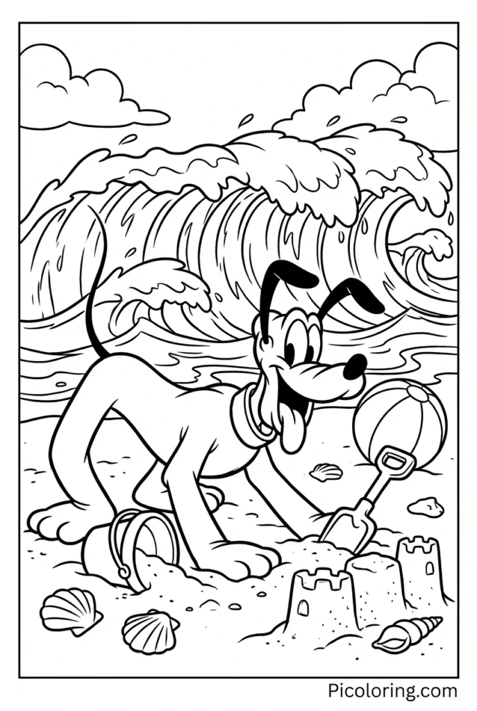 Pluto playing in the sand with waves in the background