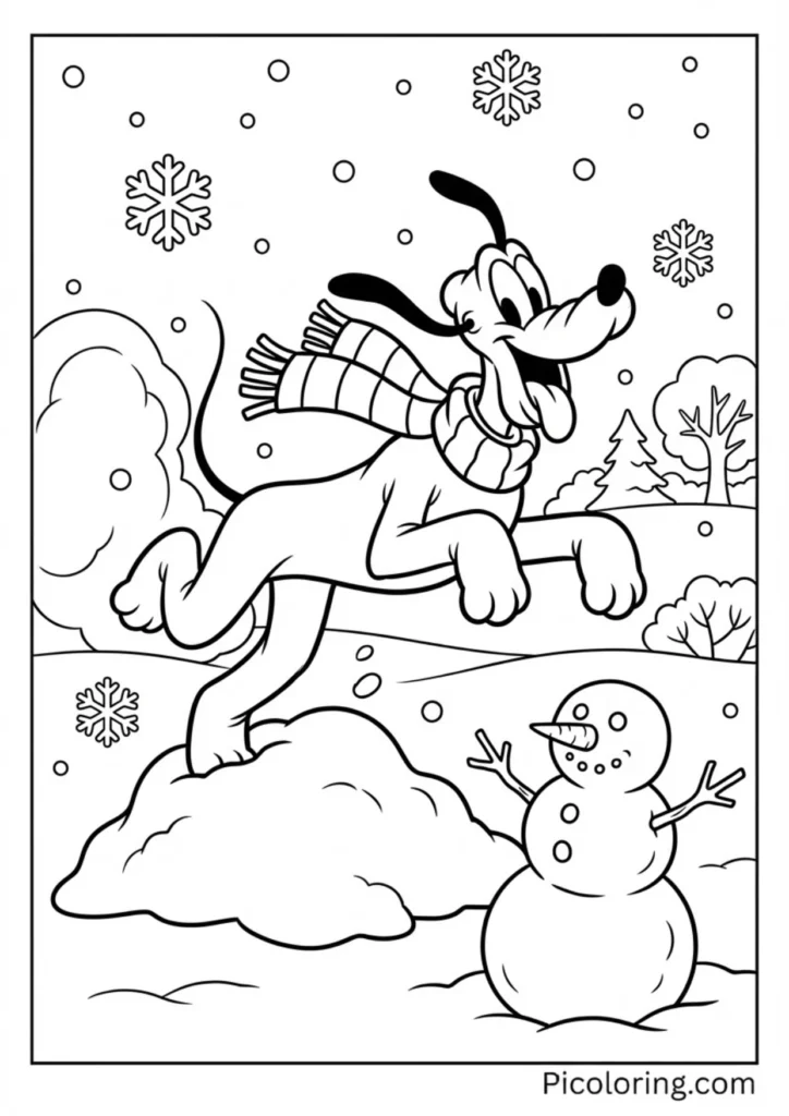 Pluto playing in the snow wearing a scarf