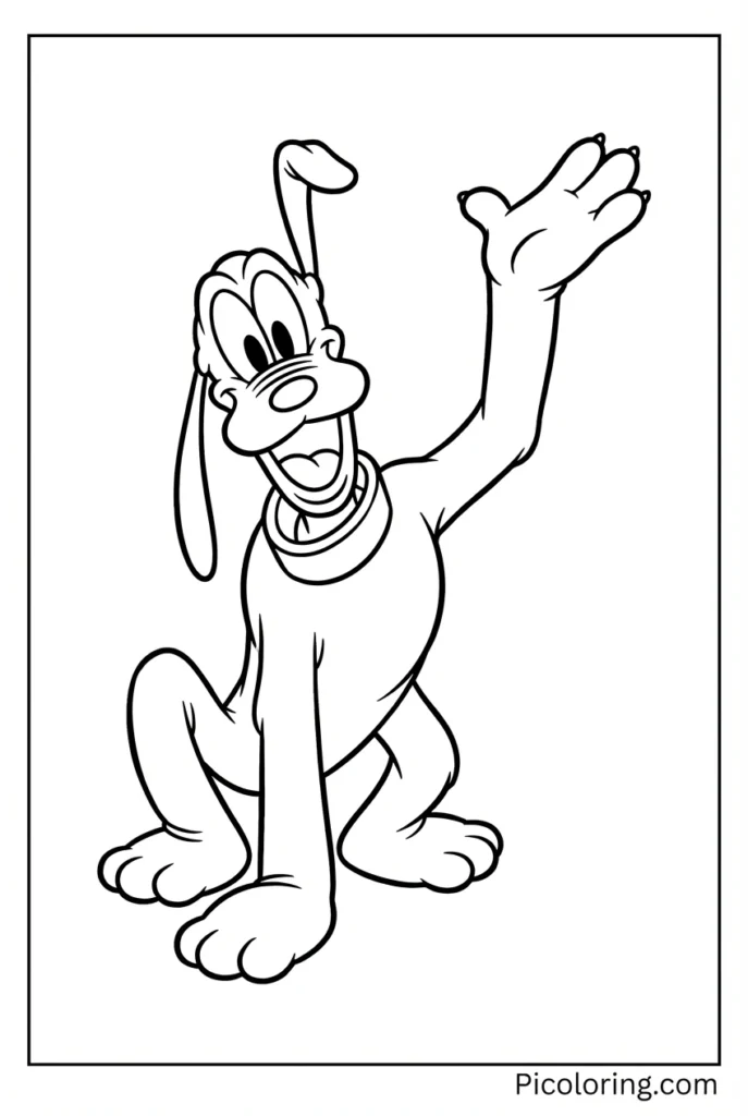 Pluto raising one paw as if waving to say hello