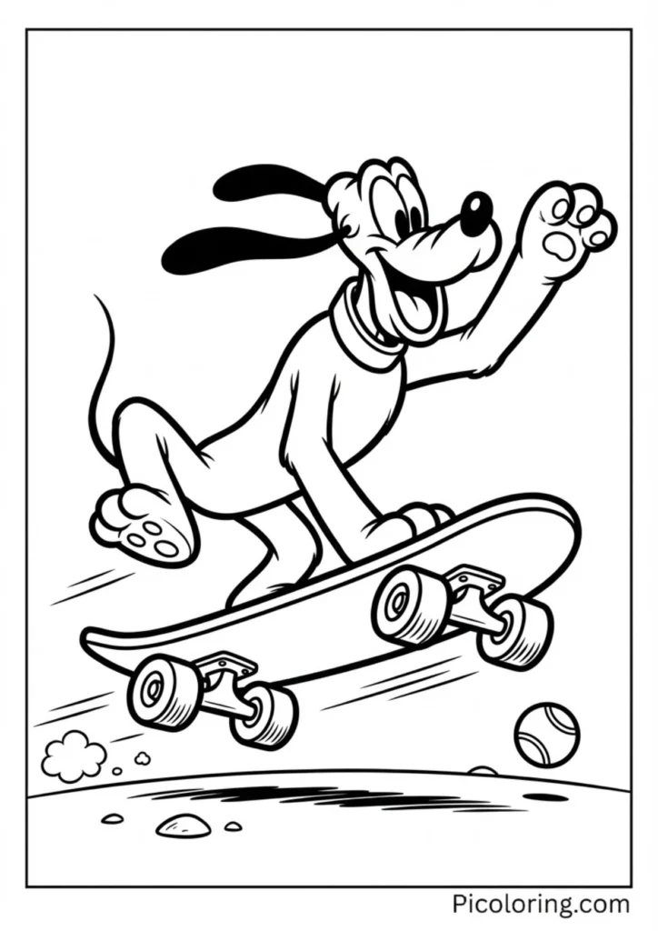 Pluto riding a skateboard with excitement