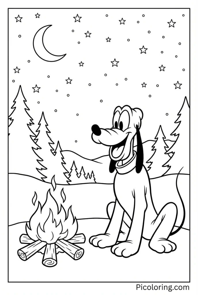 Pluto sitting by a campfire under the stars