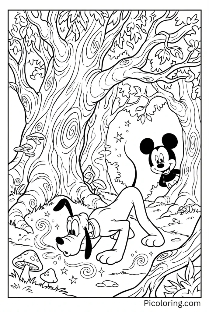 Pluto sniffing around trees in a magical forest