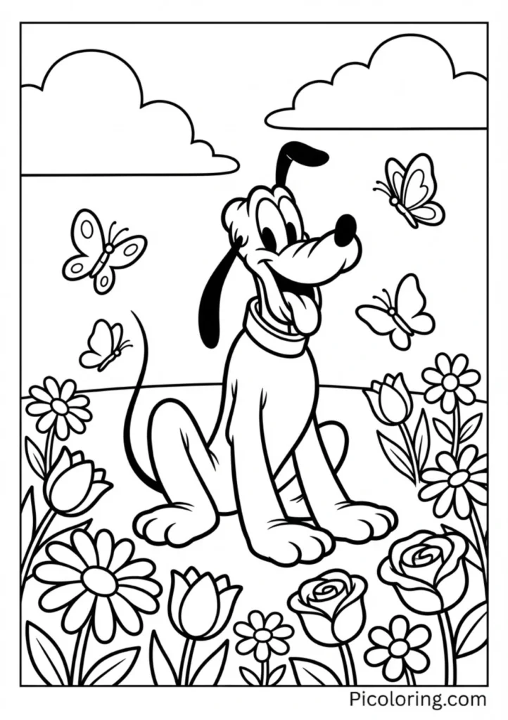 Pluto surrounded by blooming flowers and butterflies