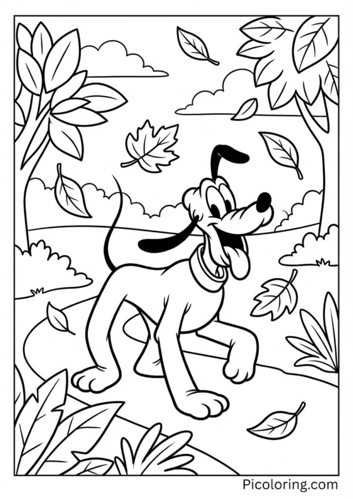 Pluto walking through a path with falling leaves