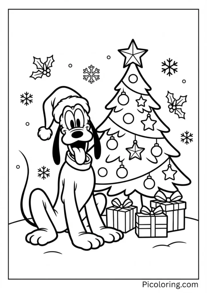 Pluto wearing a Santa hat next to a Christmas tree
