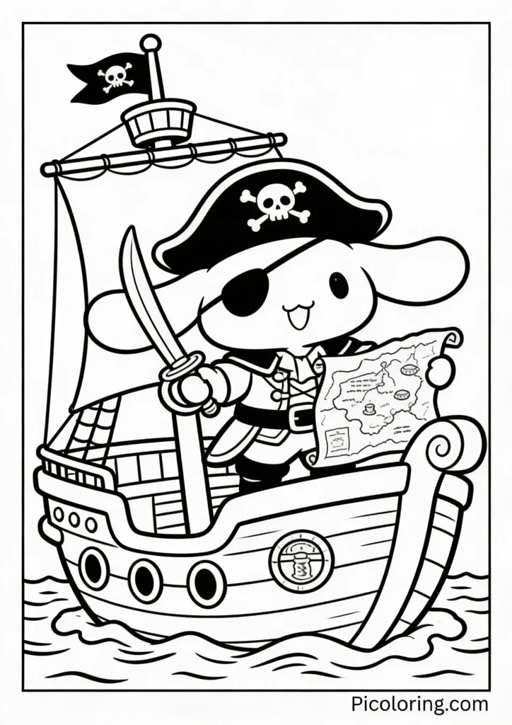 Pochacco as a pirate captain on a ship with a treasure map