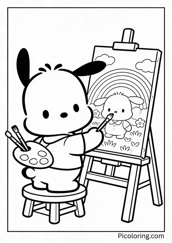 Pochacco at an easel painting a colorful picture with brushes