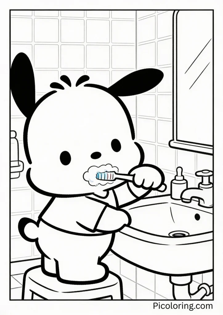 Pochacco at the bathroom sink brushing teeth with toothpaste foam