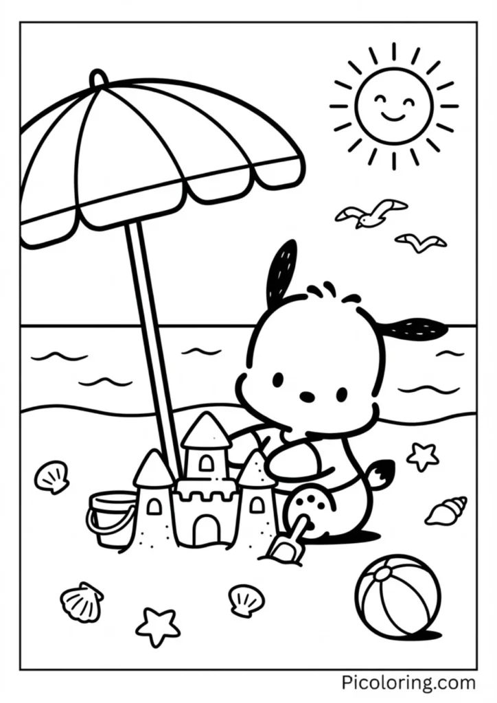 Pochacco building a sandcastle on the beach with an umbrella