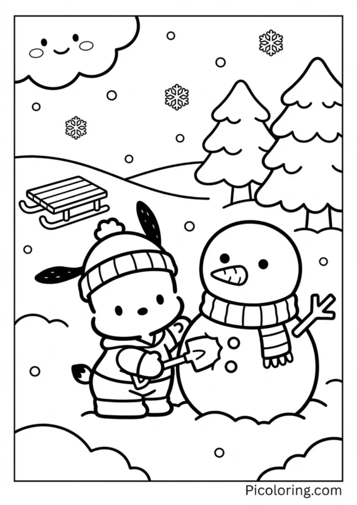 Pochacco building a snowman with a scarf and carrot nose