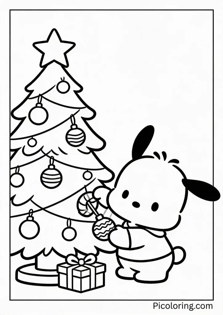 Pochacco decorating a Christmas tree with ornaments and a star on top