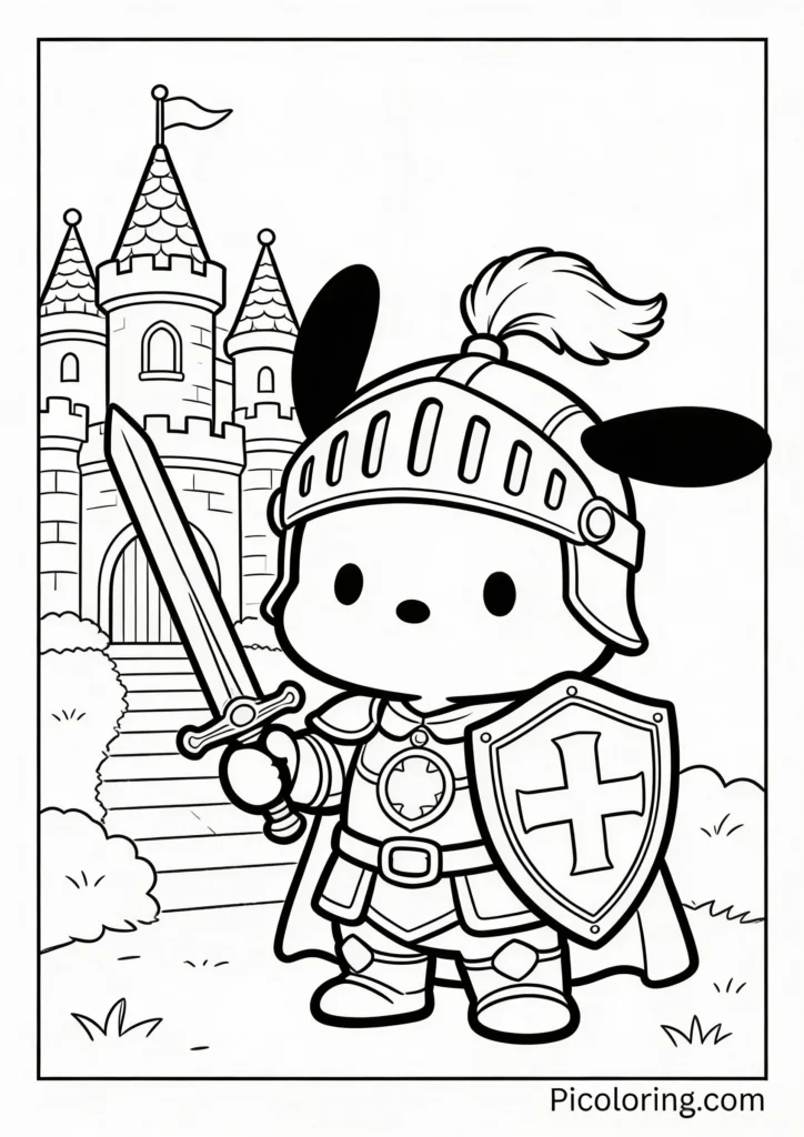 Pochacco dressed as a knight with a sword and shield near a castle