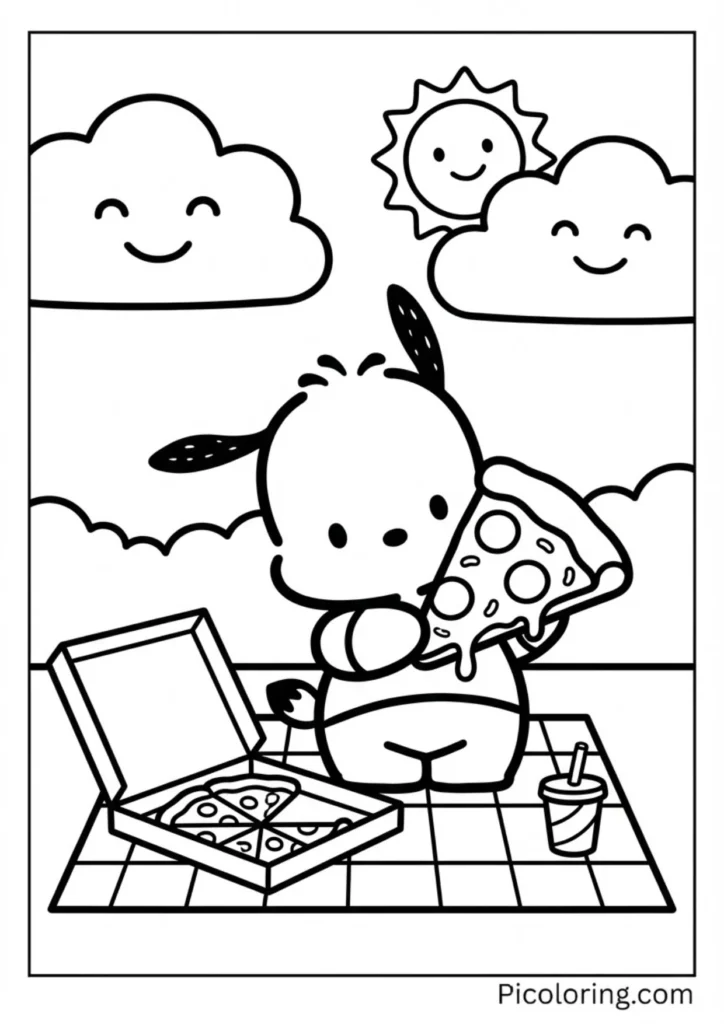 Pochacco enjoying a large slice of pepperoni pizza