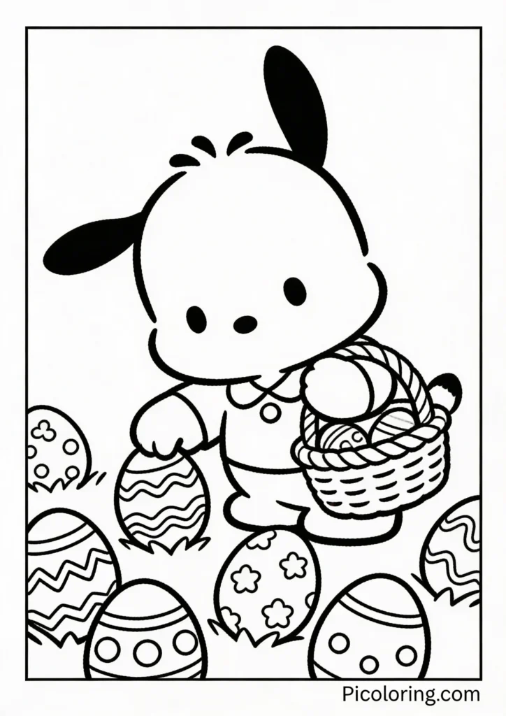 Pochacco holding a basket searching for decorated Easter eggs