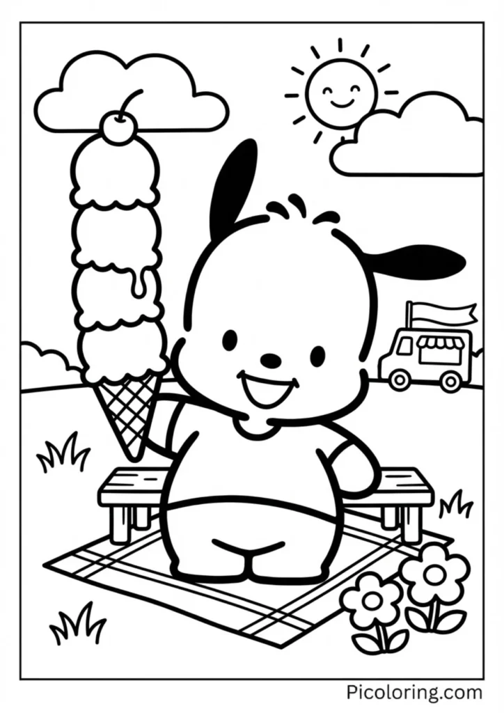 Pochacco holding a big ice cream cone with multiple scoops