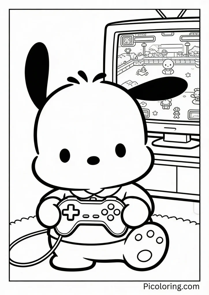 Pochacco holding a game controller with a TV screen showing a game
