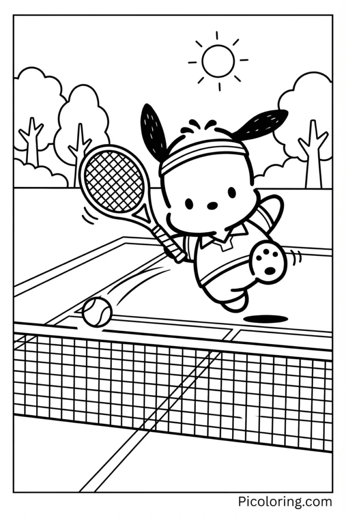Pochacco holding a tennis racket and hitting a ball over a net