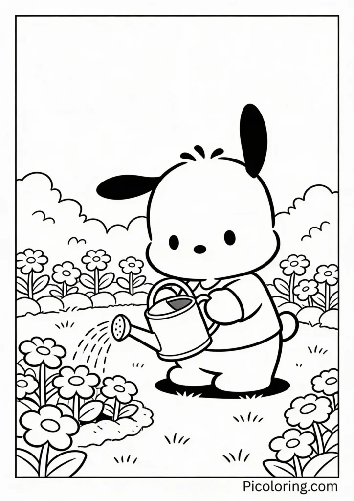 Pochacco in a garden watering flowers with a watering can