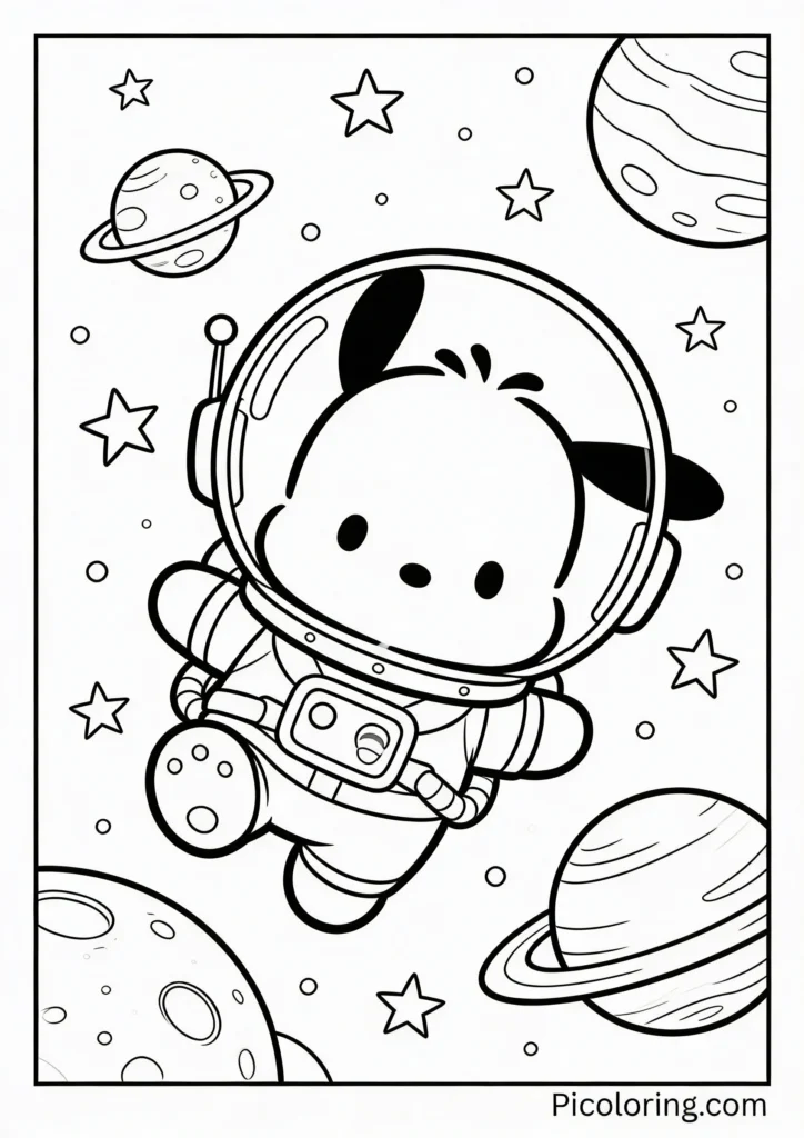 Pochacco in a spacesuit floating in space with stars and planets