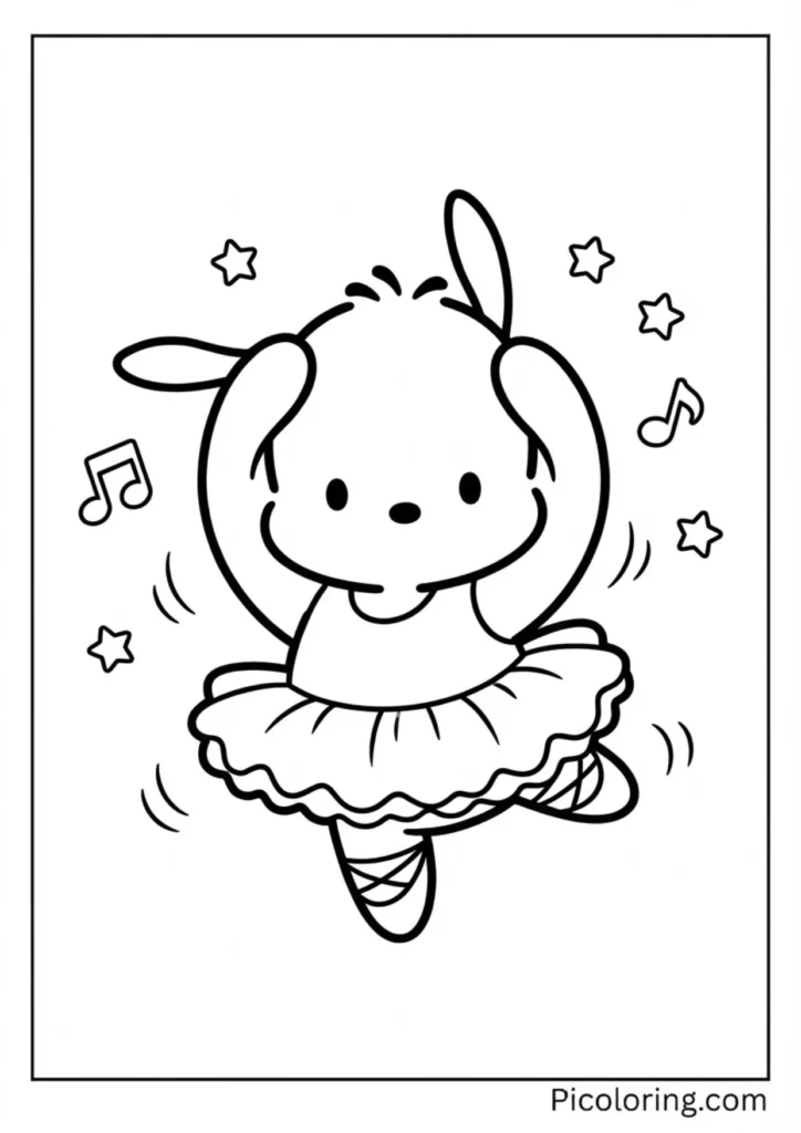 Pochacco in a tutu doing a graceful ballet pose
