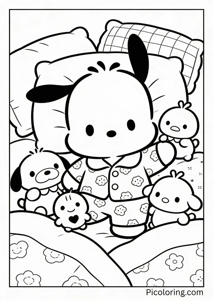 Pochacco in pajamas with friends surrounded by pillows and blankets