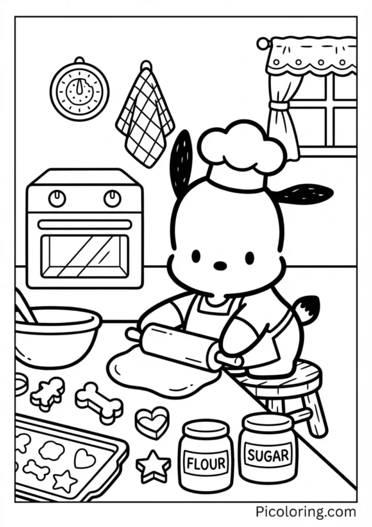 Pochacco in the kitchen wearing an apron and baking cookies