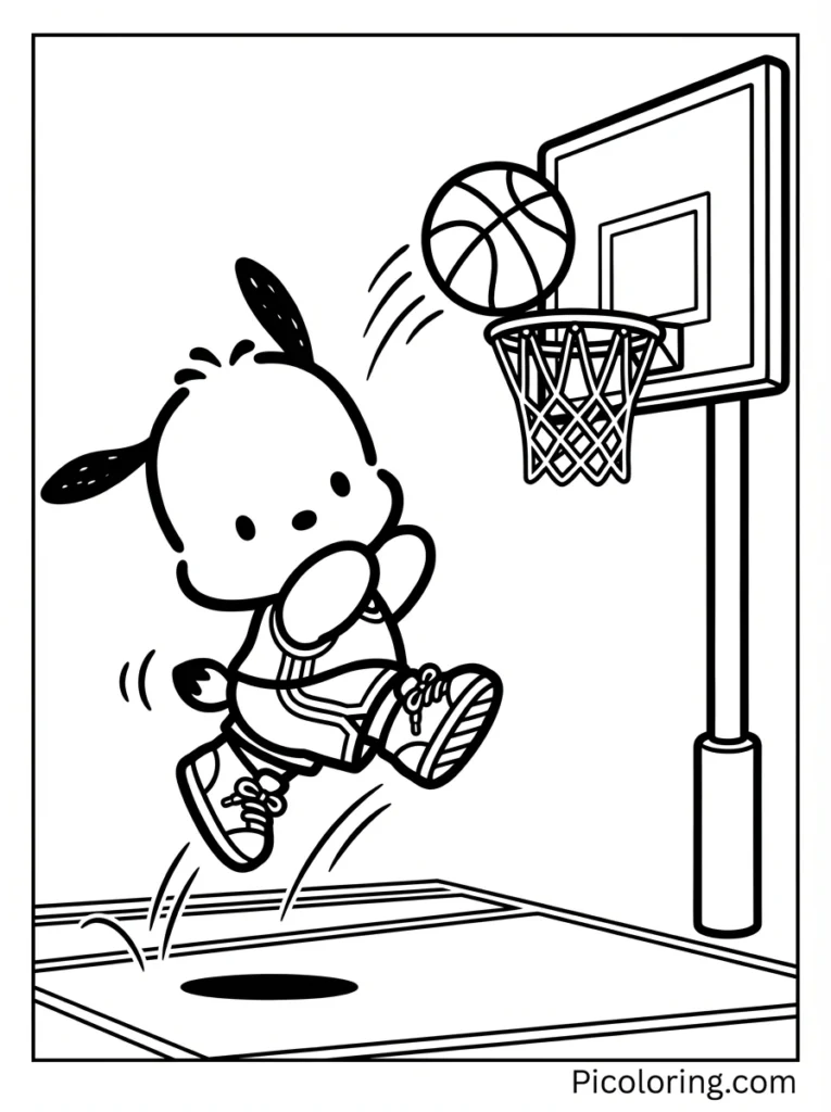 Pochacco jumping to shoot a basketball into a hoop, wearing sporty sneakers
