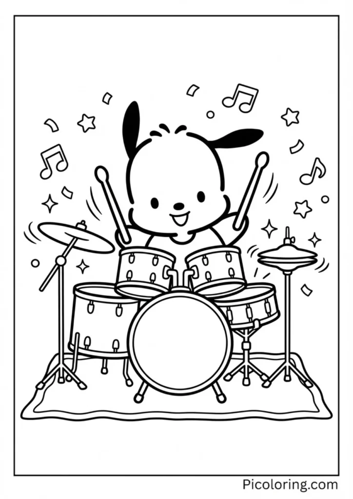 Pochacco playing a drum set with drumsticks enthusiastically