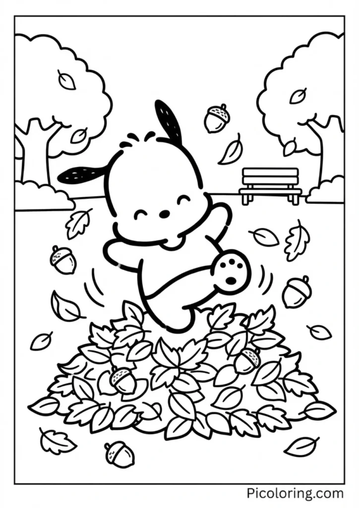 Pochacco playing in a pile of fallen leaves with acorns around