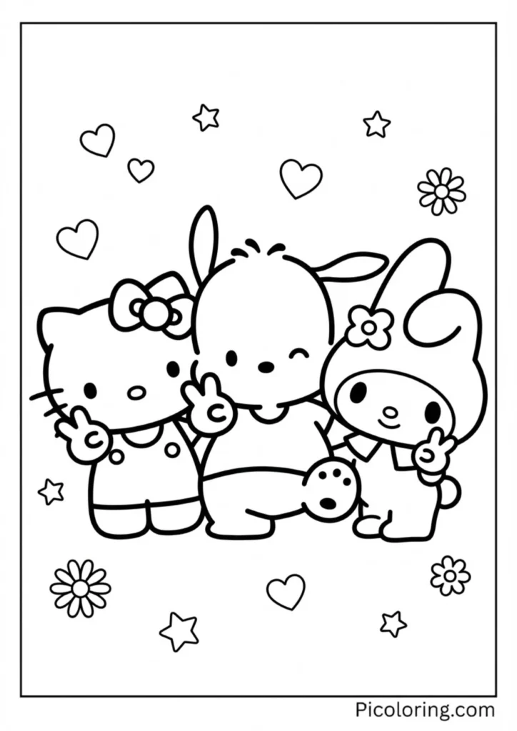 Pochacco posing with friends making peace signs and smiling