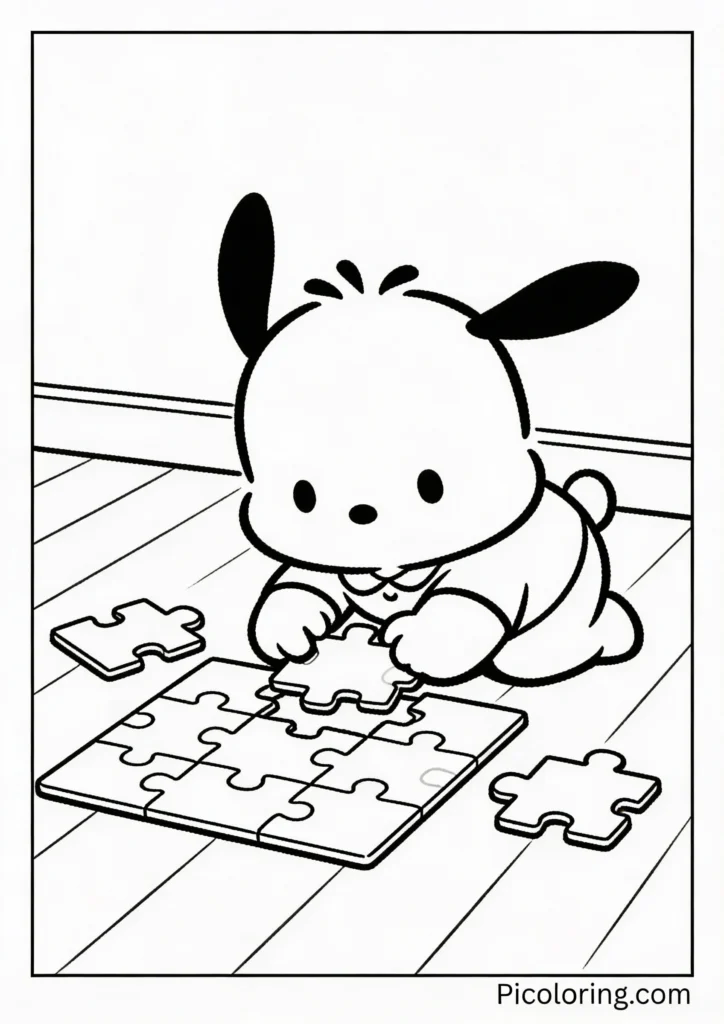 Pochacco putting together a jigsaw puzzle on the floor