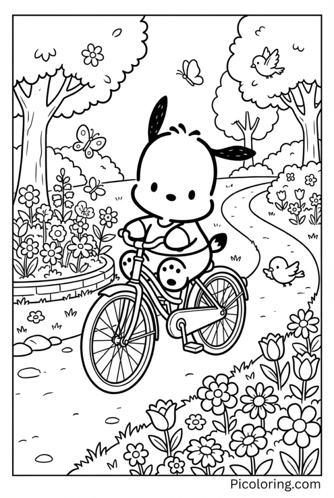 Pochacco riding a bicycle through a park with flowers blooming