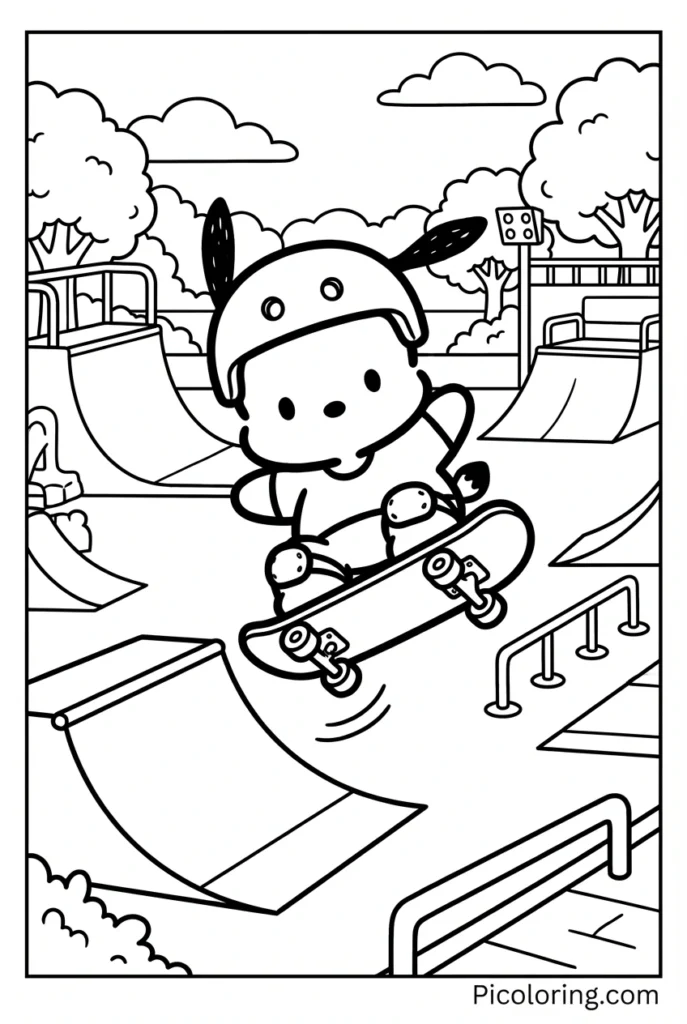 Pochacco riding a skateboard at a skate park with ramps