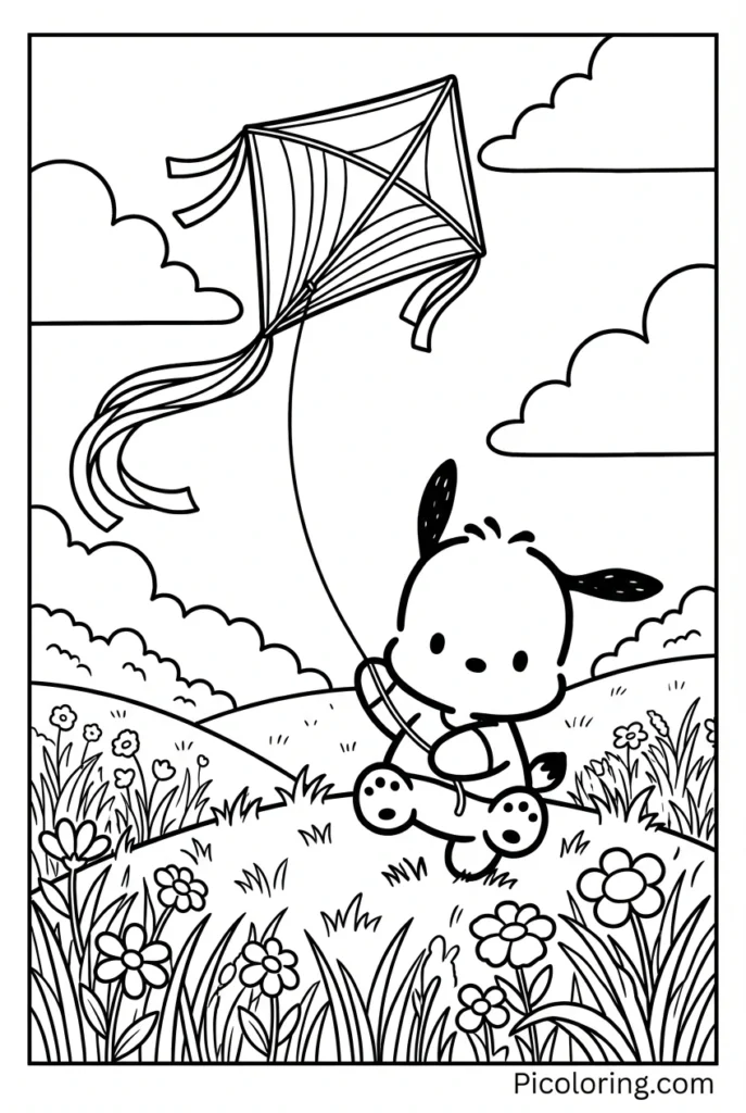 Pochacco running in a meadow flying a colorful kite in the sky